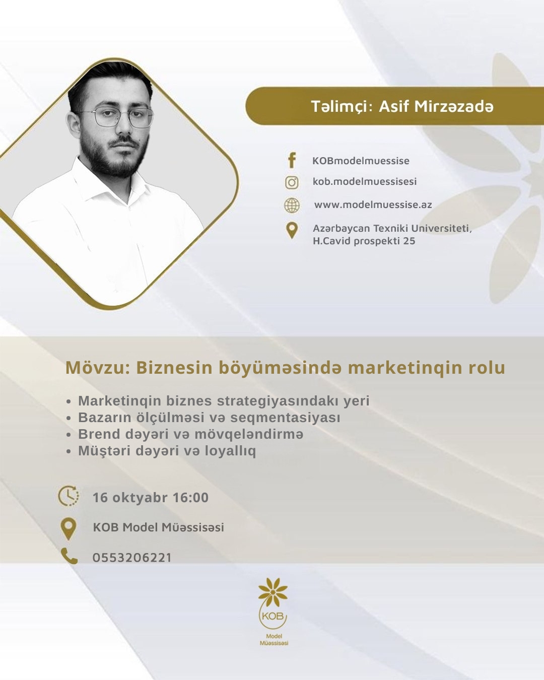 “Biznesin böyüməsində marketinqin rolu” mövzusunda təlim keçiriləcək.